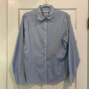 Women’s long-sleeved light blue fitted button down by Brooks Brothers.